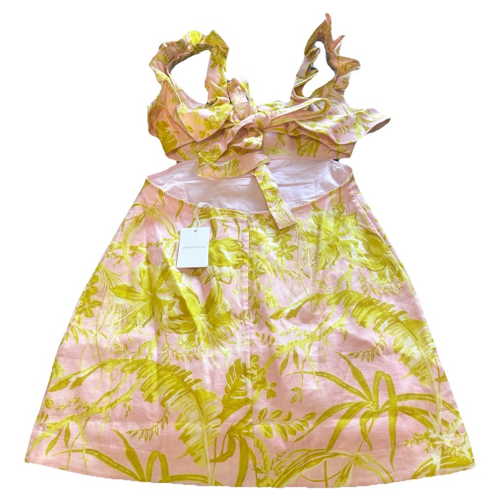 NWT Zimmermann Mini Linen Dress Size:3(US:10) Floral Ruffle Open Back MSRP:$695 - Picture 6 of 15